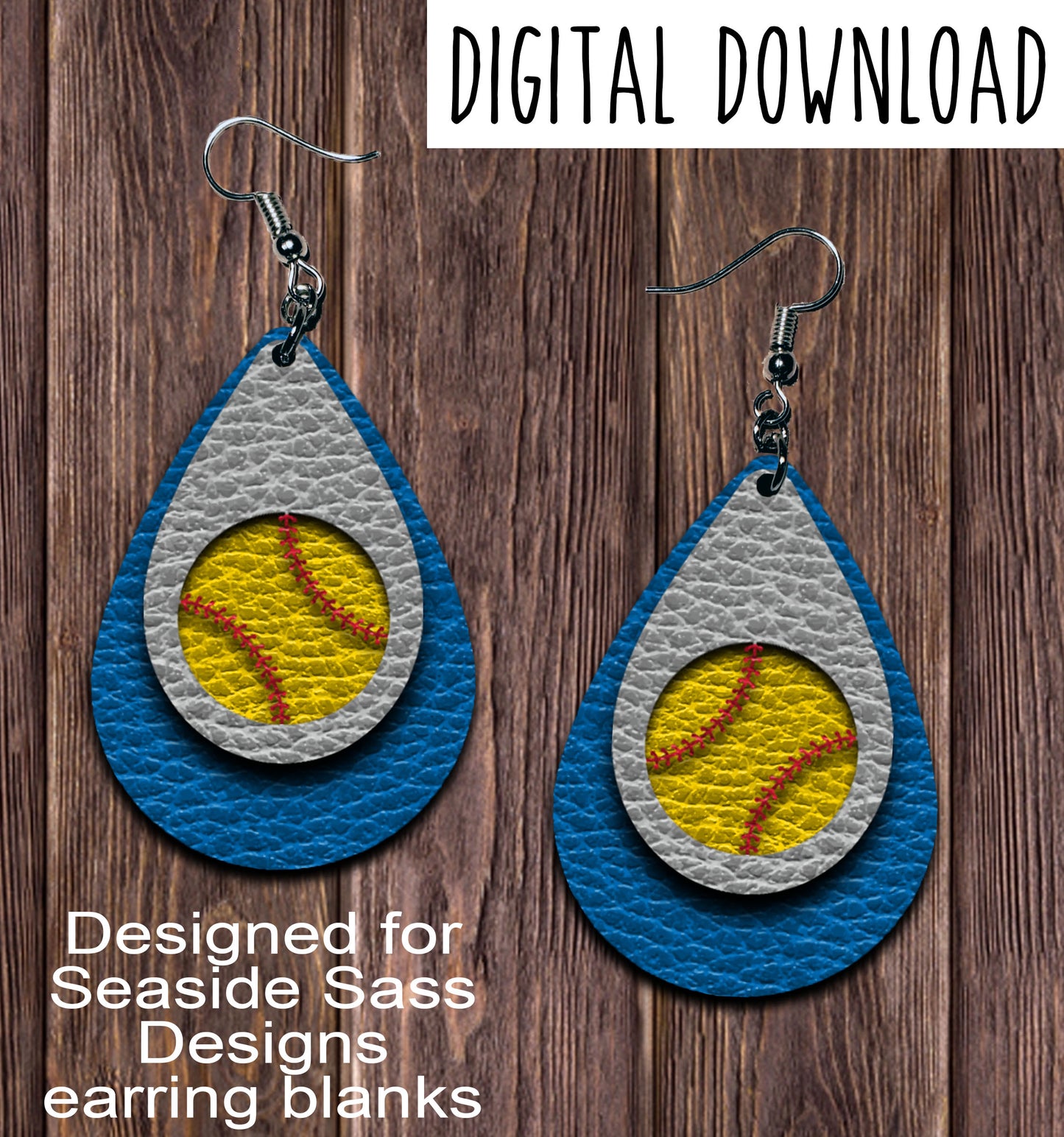 Blue Gray Softball Cut Out Teardrop Earring Sublimation Design, Hand drawn Teardrop Sublimation earring design, digital download, JPG, PNG