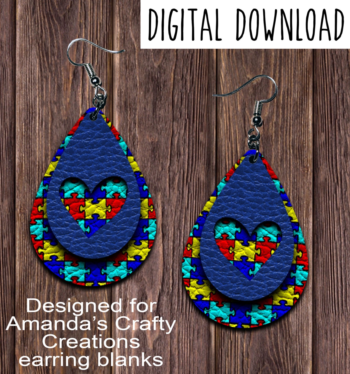 Blue Autism Puzzle Heart Cut Out Teardrop Earring Sublimation Design, Hand drawn Teardrop Sublimation earring design, digital download, JPG, PNG\
