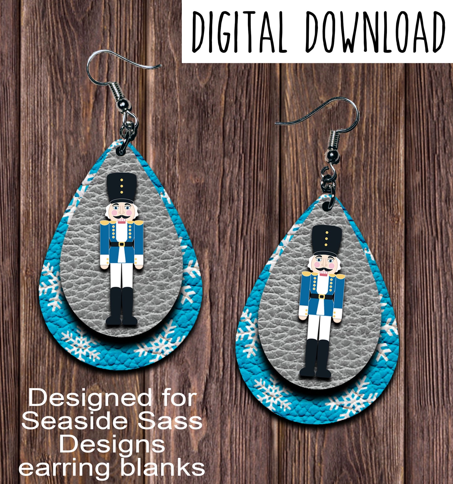 Blue Snowflake Nutcracker Teardrop Earring Sublimation Design, Hand drawn Teardrop Sublimation earring design, digital download, JPG, PNG