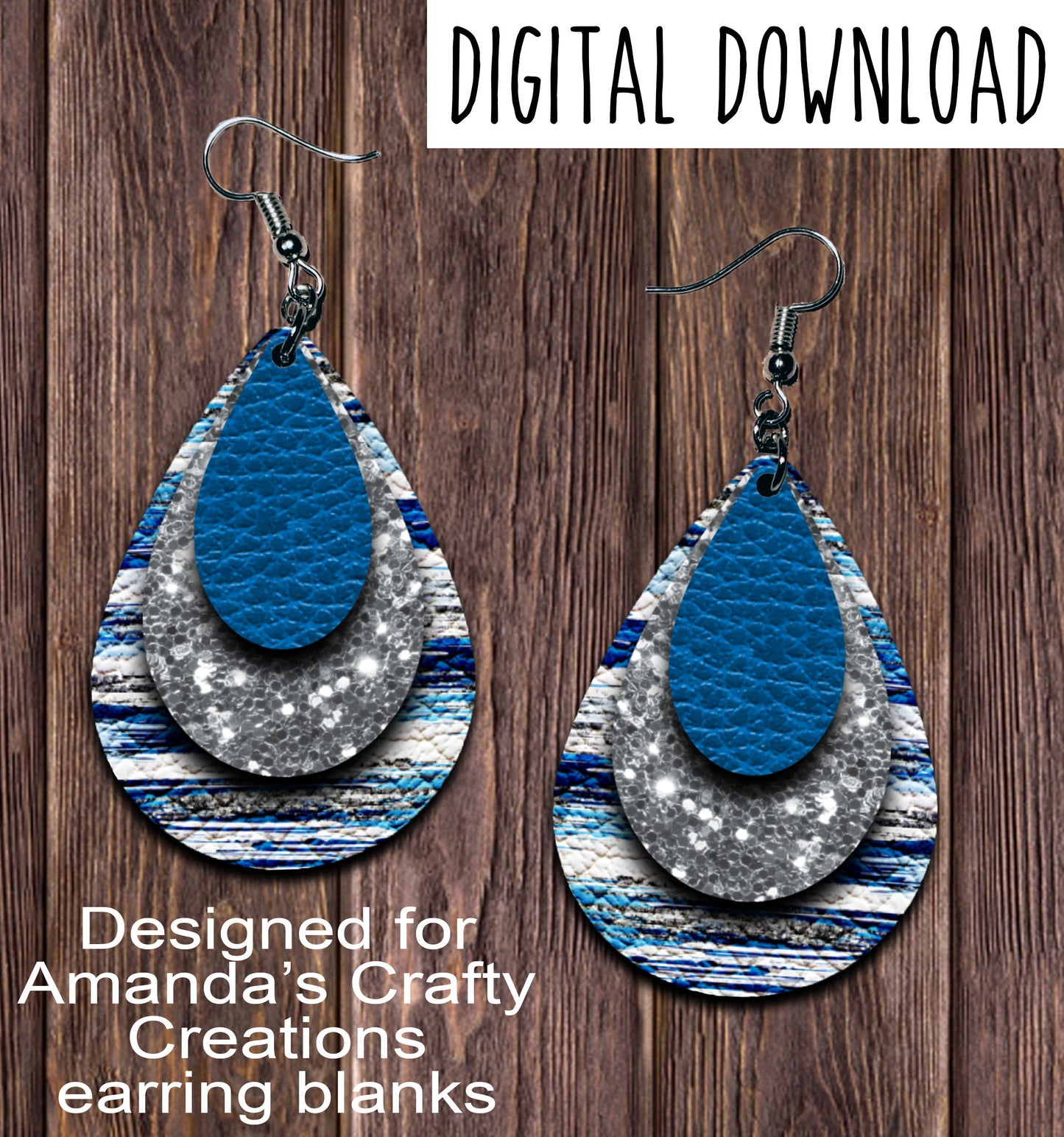 Blue Silver Brush Stroke Teardrop Earring Sublimation Design, Hand drawn Teardrop Sublimation earring design, digital download, JPG, PNG