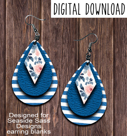 Blue Stripe Floral Teardrop Earring Sublimation Design, Hand drawn Teardrop Sublimation earring design, digital download, JPG, PNG