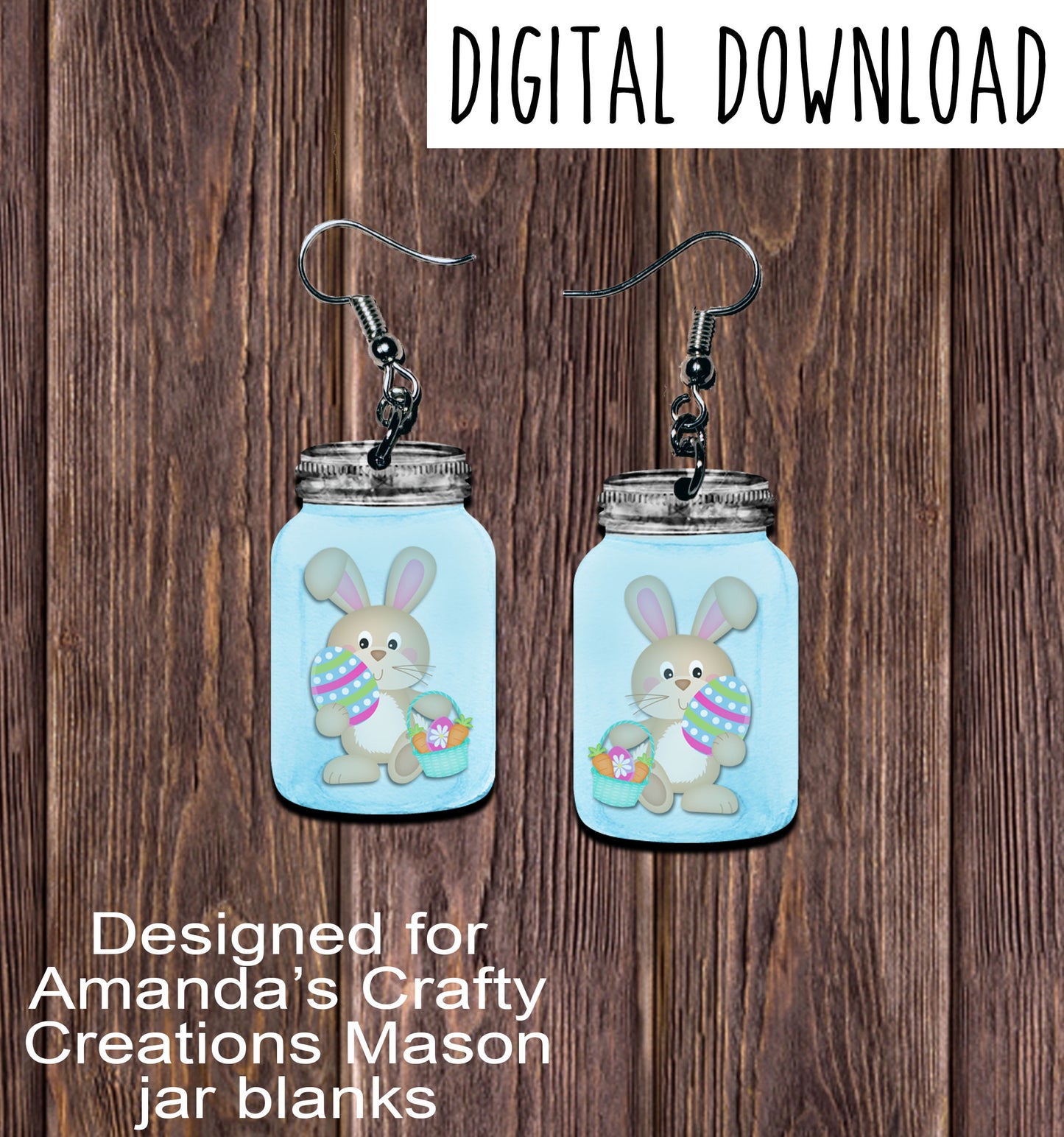 Blue Bunny Mason Jar Earring Sublimation Design, Hand drawn Mason Jar Sublimation earring design, digital download, JPG, PNG