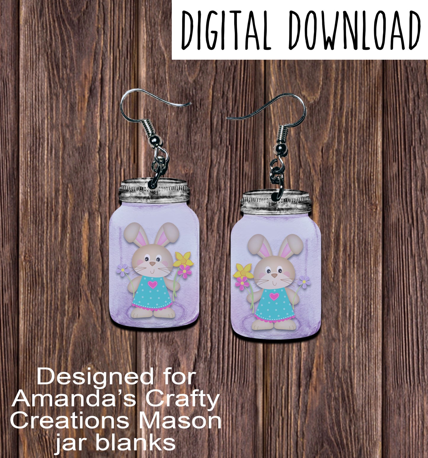 Brown Bunny Purple Mason Jar Earring Sublimation Design, Hand drawn Mason Jar Sublimation earring design, digital download, JPG, PNG