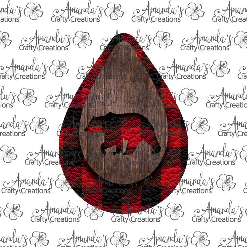 Buffalo Plaid Bear Cut Out Teardrop Earring Sublimation Design, Hand drawn Teardrop Sublimation earring design, digital download, JPG, PNG