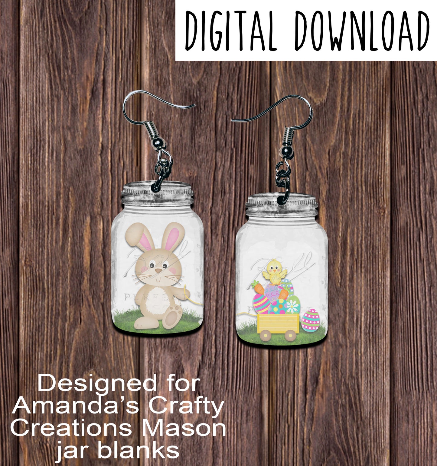 Bunny Pulling Wagon Mason Jar Earring Sublimation Design, Hand drawn Mason Jar Sublimation earring design, digital download, JPG, PNG