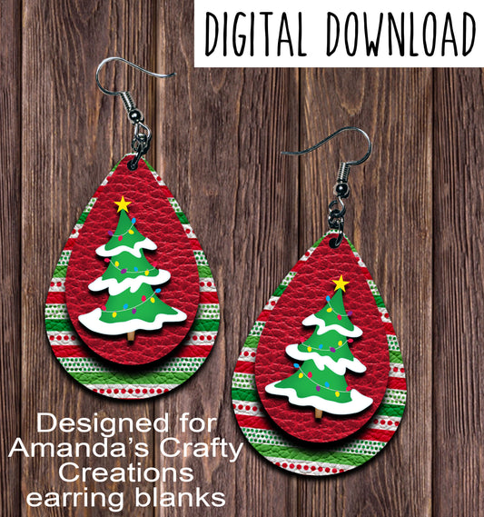 Christmas Tree Teardrop Earring Sublimation Design, Hand drawn Teardrop Sublimation earring design, digital download, JPG, PNG