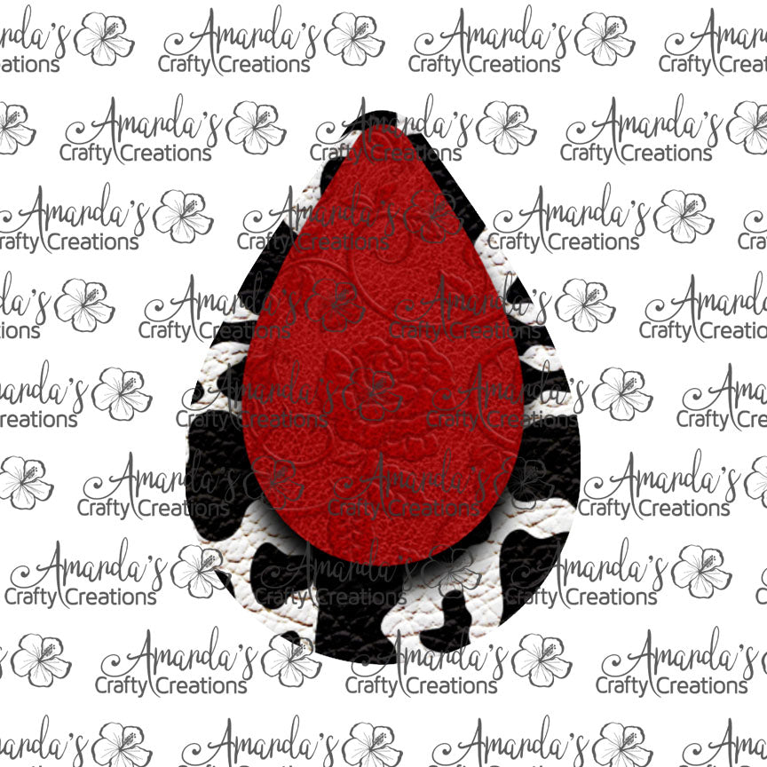 Red Leather Embossed Cow Print Teardrop Earring Sublimation Design, Hand drawn Teardrop Sublimation earring design, digital download, JPG, PNG