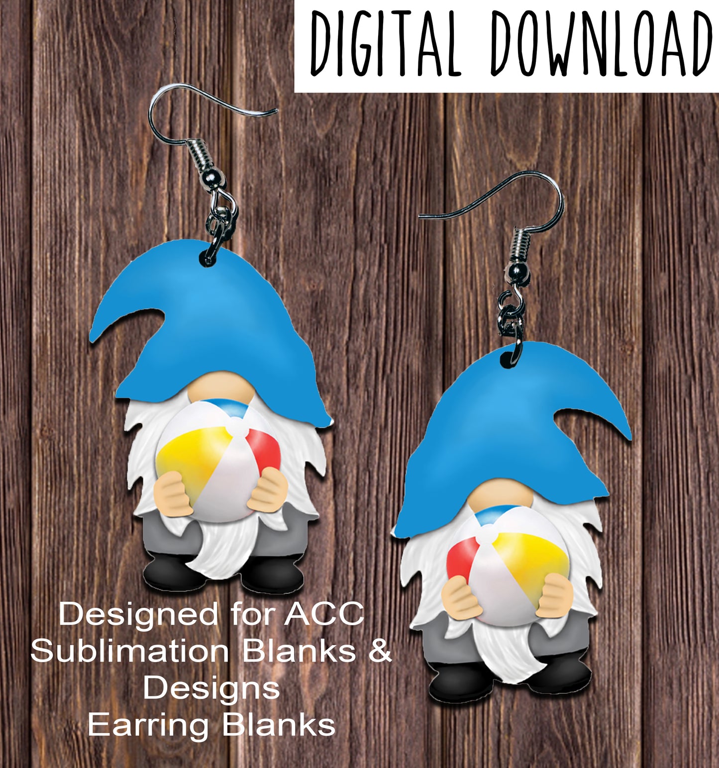 Blue Hat Gnome with Beach Ball Earring Sublimation Design, Hand drawn Gnome Sublimation earring design, digital download, JPG, PNG