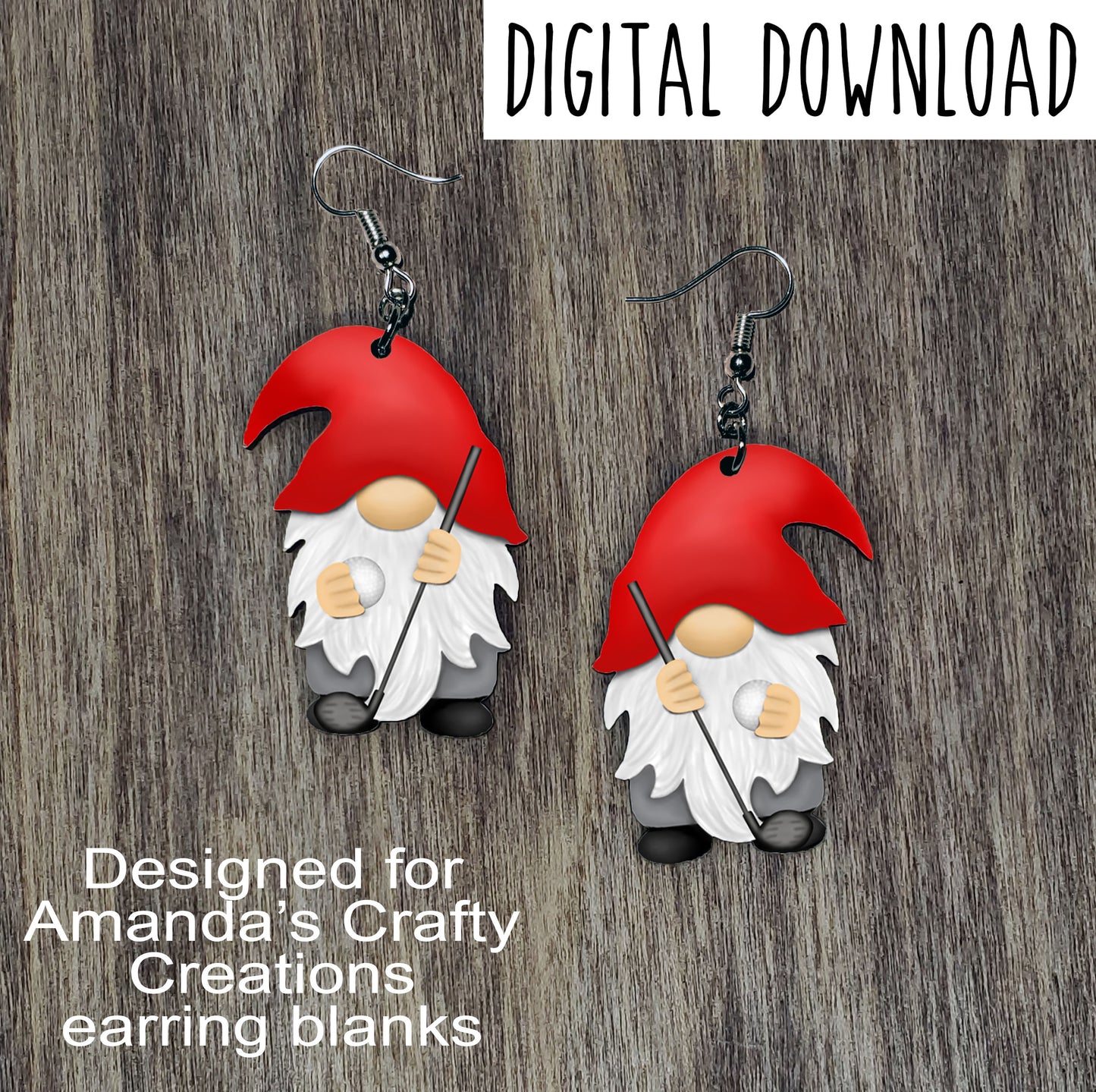 Golf Gnome Earring Sublimation Design, Hand drawn Gnome Sublimation earring design, digital download, JPG, PNG