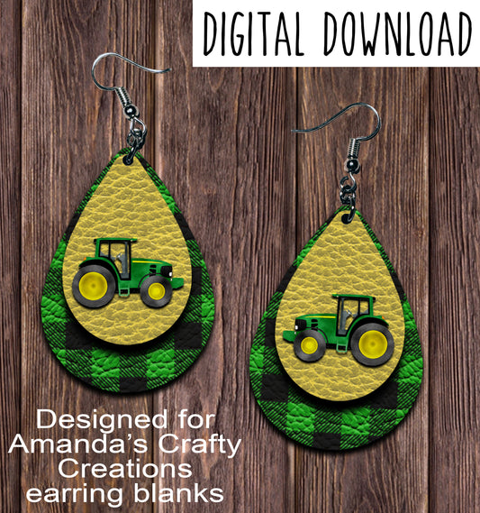 Green Buffalo Plaid Yellow Tractor Teardrop Earring Sublimation Design, Hand drawn Teardrop Sublimation earring design, digital download, JPG, PNG