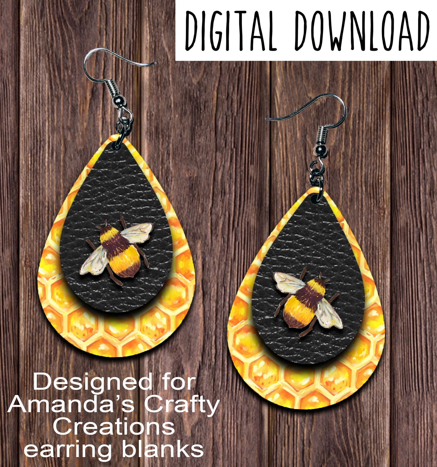 Black Honeycomb Bee Teardrop Earring Sublimation Design, Hand drawn Teardrop Sublimation earring design, digital download, JPG, PNG