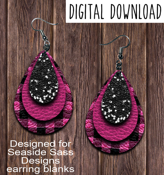 Hot Pink Buffalo Plaid Black Chunk Teardrop Earring Sublimation Design, Hand drawn Teardrop Sublimation earring design, digital download, JPG, PNG