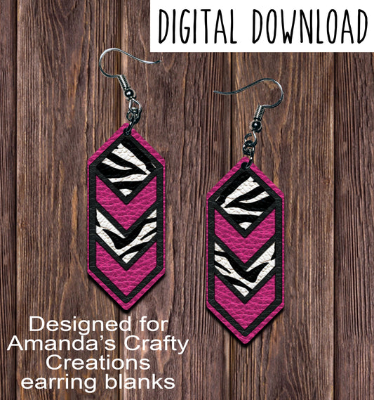 Hot Pink Zebra Cascade Sublimation Earring Sublimation Design, Hand drawn Cascade Sublimation earring design, digital download, JPG, PNG