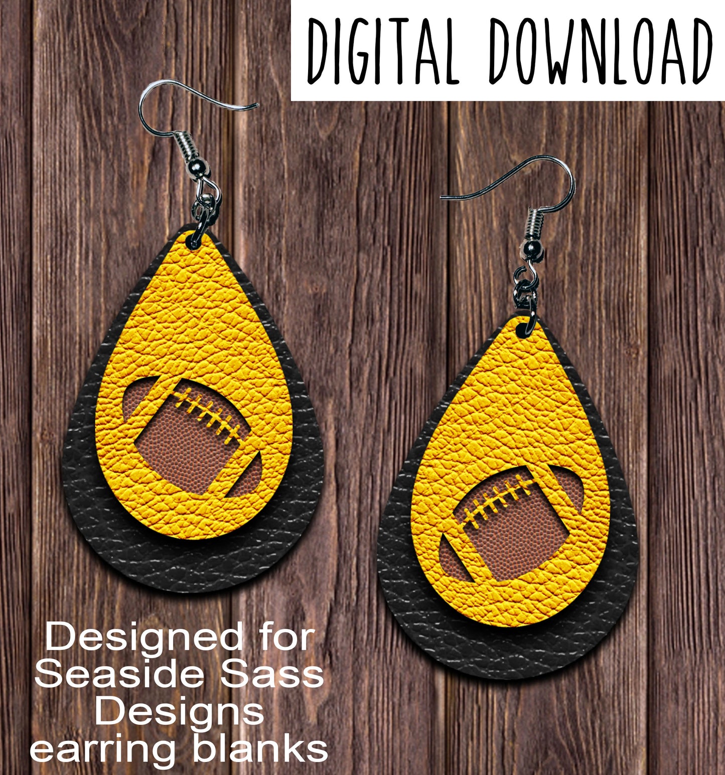 Gold Black Football Cut Out Teardrop Earring Sublimation Design, Hand drawn Teardrop Sublimation earring design, digital download, JPG, PNG