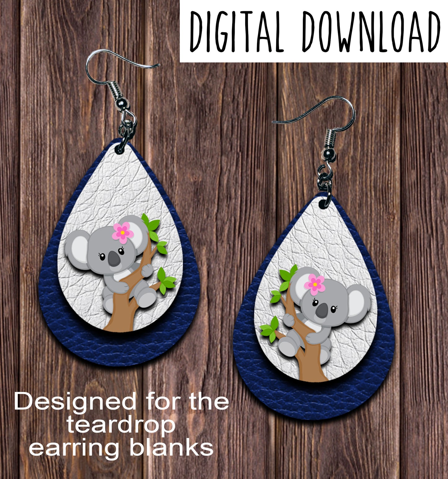 Koala in Tree Navy Teardrop Earring Sublimation Design, Hand drawn Teardrop Sublimation earring design, digital download, JPG, PNG