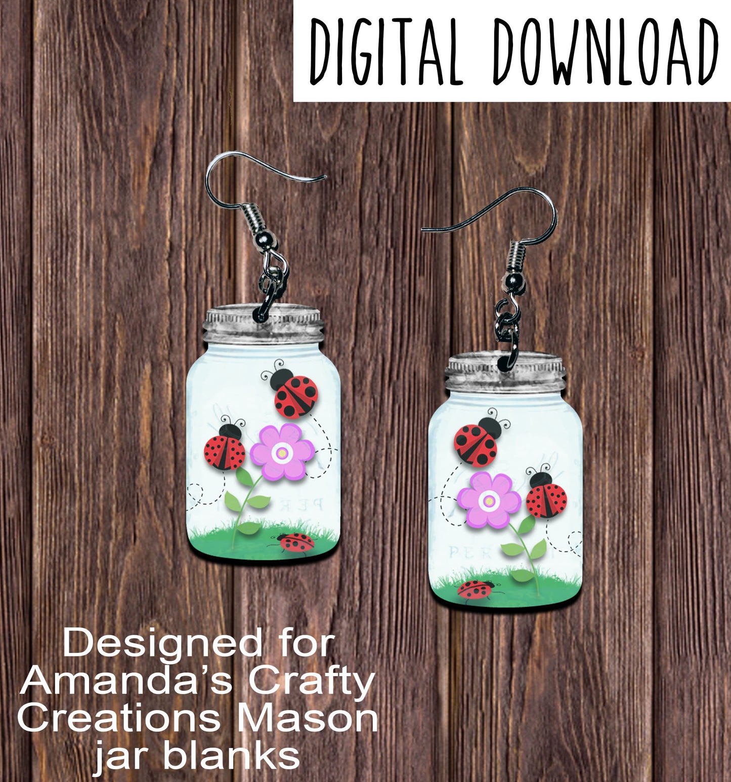 Ladybugs Mason Jar Earring Sublimation Design, Hand drawn Mason Jar Sublimation earring design, digital download, JPG, PNG