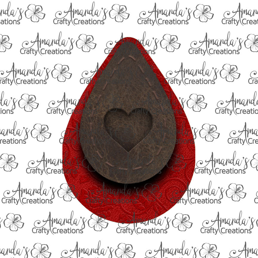 Leather Stitched Embossed Heart Red Teardrop Earring Sublimation Design, Hand drawn Teardrop Sublimation earring design, digital download, JPG, PNG