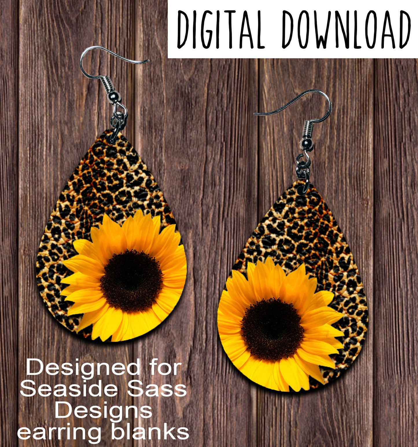 Leopard Sunflower Teardrop Earring Sublimation Design, Hand drawn Teardrop Sublimation earring design, digital download, JPG, PNG