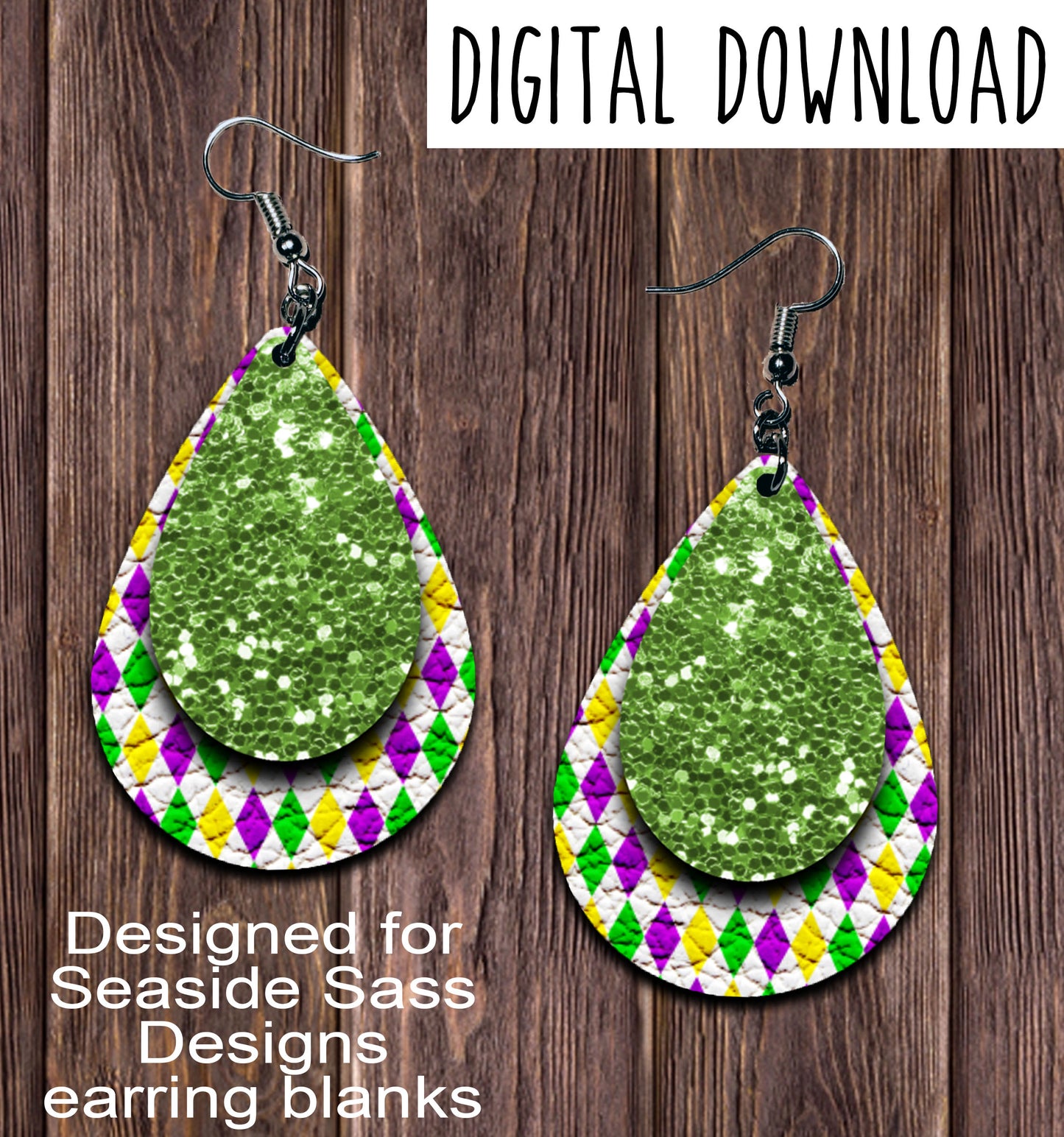 Mardi Gras Green Chunk Teardrop Earring Sublimation Design, Hand drawn Teardrop Sublimation earring design, digital download, JPG, PNG