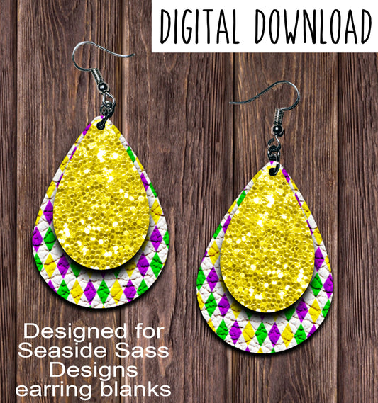 Mardi Gras Yellow Chunk Teardrop Earring Sublimation Design, Hand drawn Teardrop Sublimation earring design, digital download, JPG, PNG