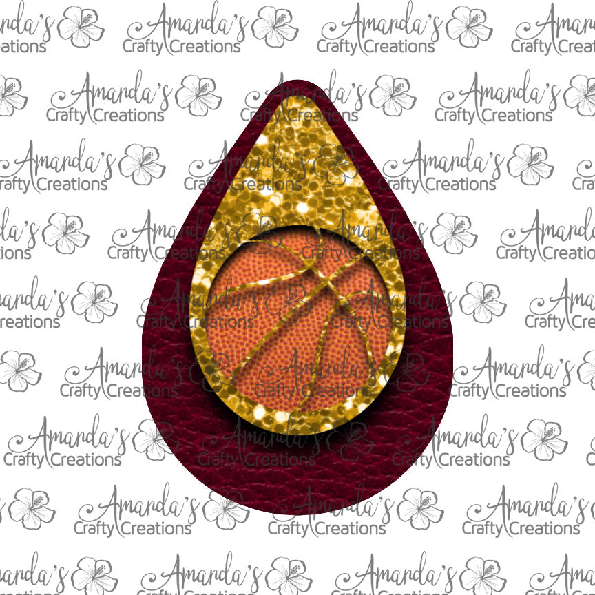 Maroon Gold Glitter Basketball Cut Out Teardrop Earring Sublimation Design, Hand drawn Teardrop Sublimation earring design, digital download, JPG, PNG