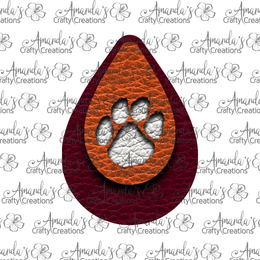 Maroon Orange Paw Print Cut Out Teardrop Earring Sublimation Design, Hand drawn Teardrop Sublimation earring design, digital download, JPG, PNG