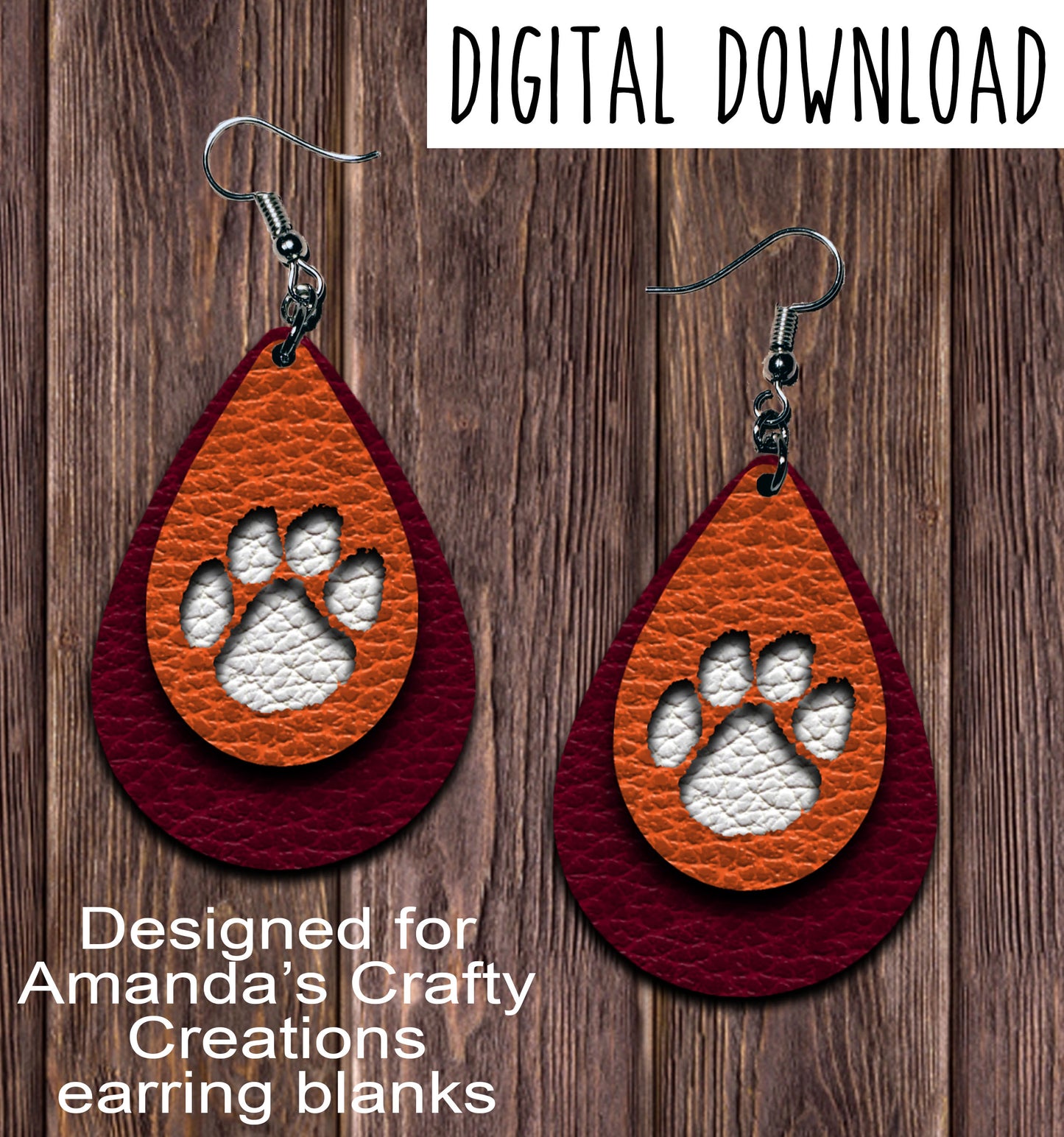 Maroon Orange Paw Print Cut Out Teardrop Earring Sublimation Design, Hand drawn Teardrop Sublimation earring design, digital download, JPG, PNG