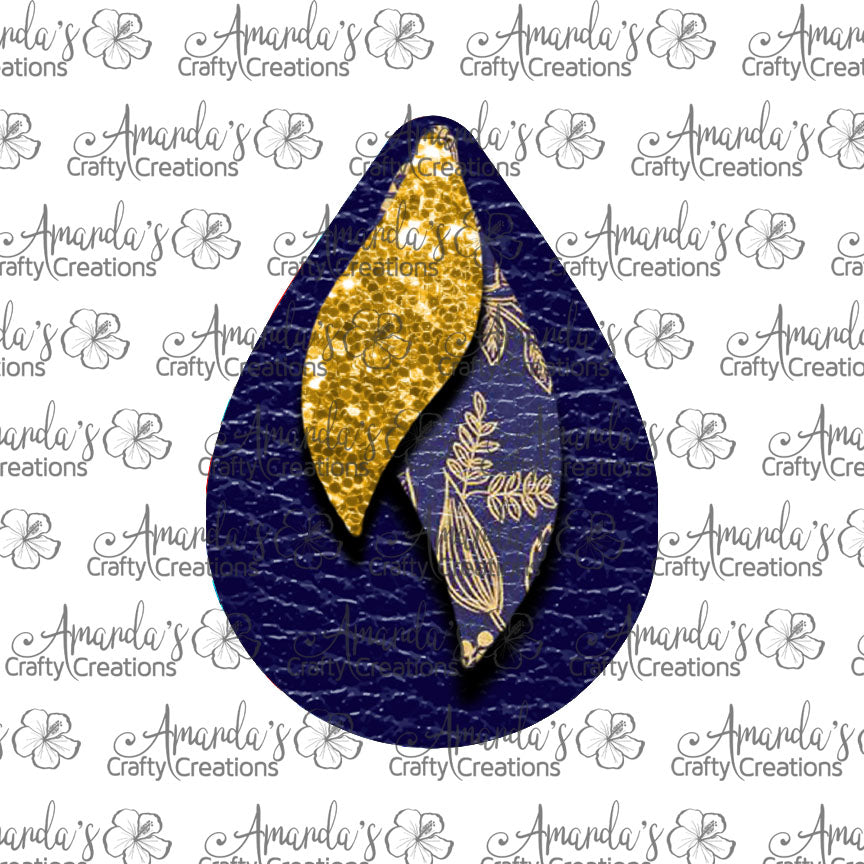 Navy Gold Floral Triple Layer Teardrop Earring Sublimation Design, Hand drawn Teardrop Sublimation earring design, digital download, JPG, PNG