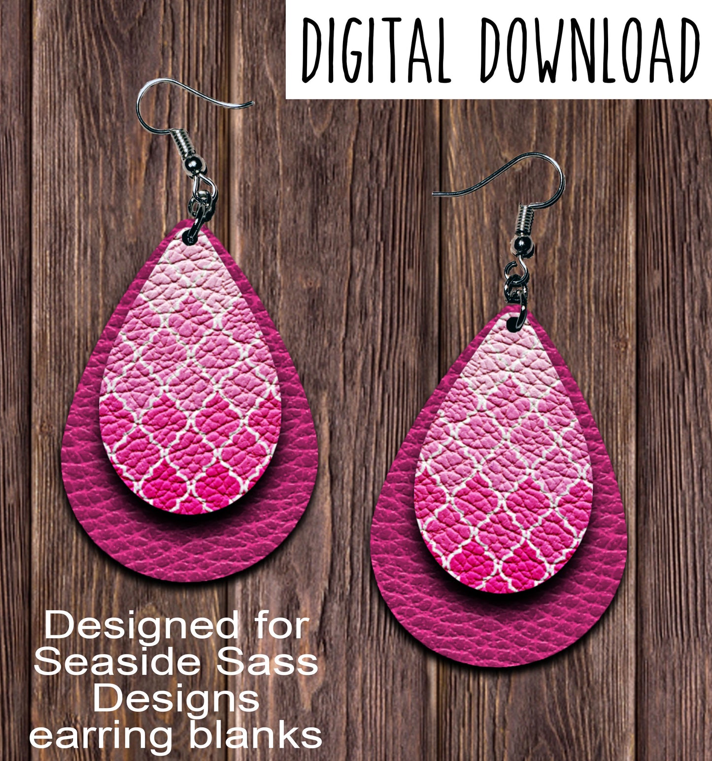 Ombre Pink Quatrefoil Teardrop Earring Sublimation Design, Hand drawn Teardrop Sublimation earring design, digital download, JPG, PNG