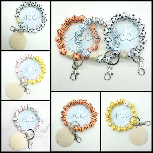RTS SPORTS wood bead keychain bracelet, wristlet, laser engraving blank, wood bead wristlet, wood disc for engraving