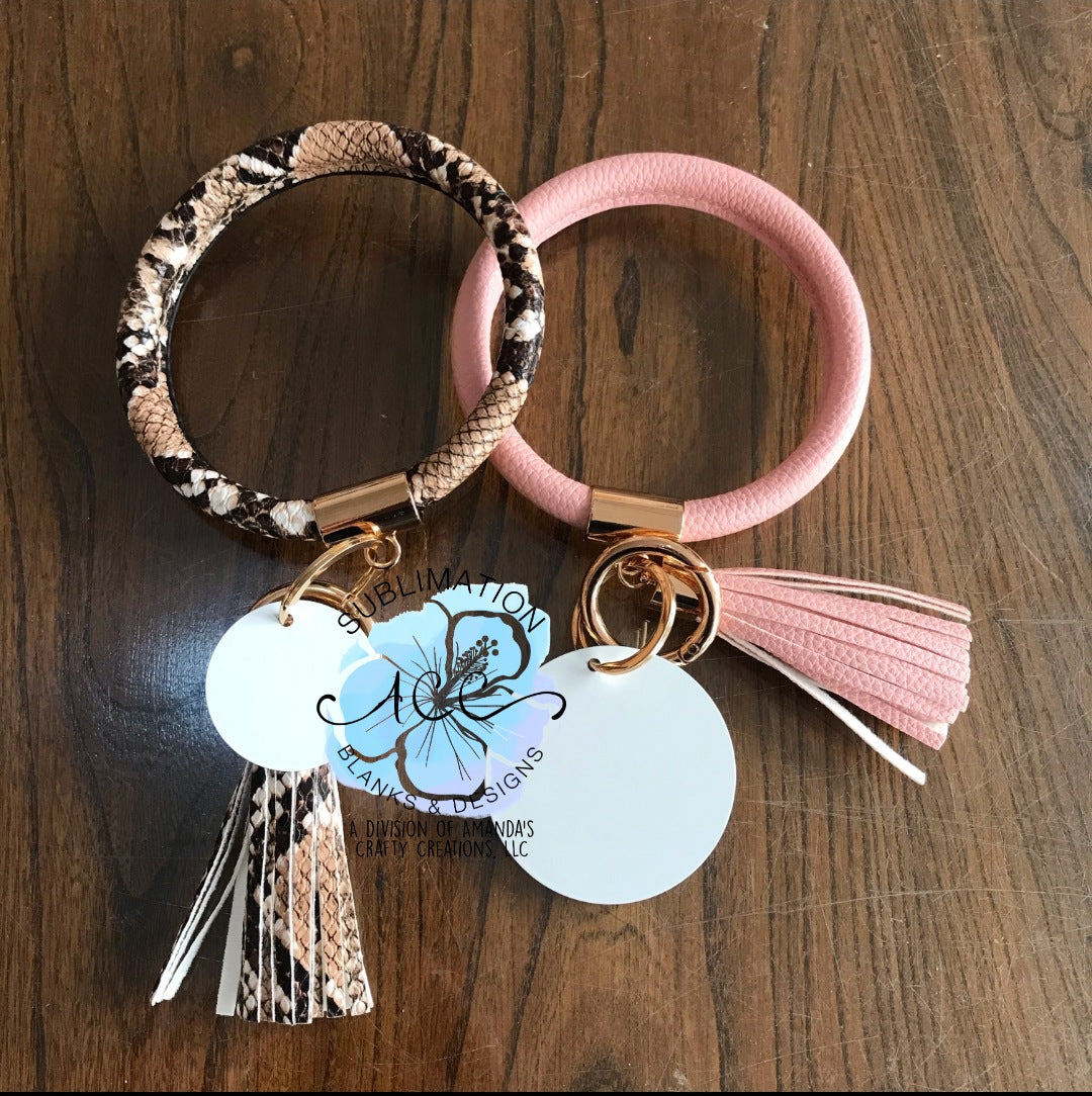 Leather wrapped keychain bracelets with leather tassel and sublimation metal disc RTS