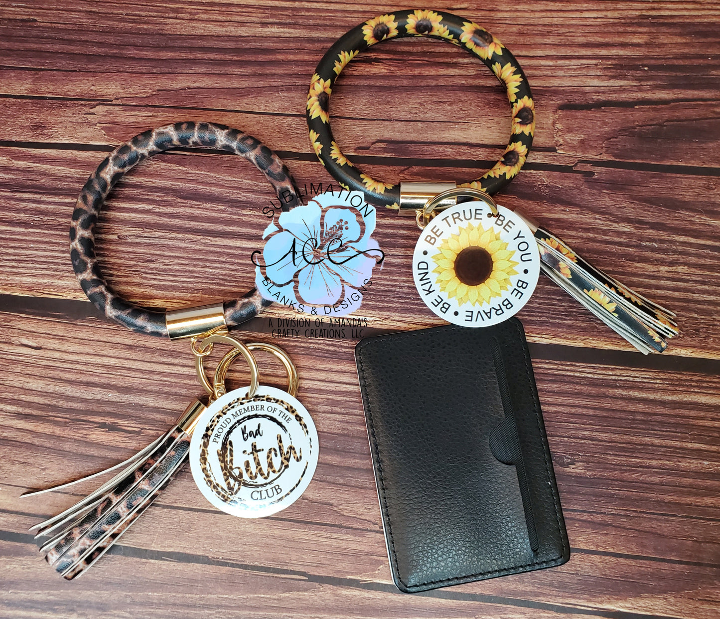 Leather wrapped keychain bracelets with leather tassel and sublimation metal disc RTS