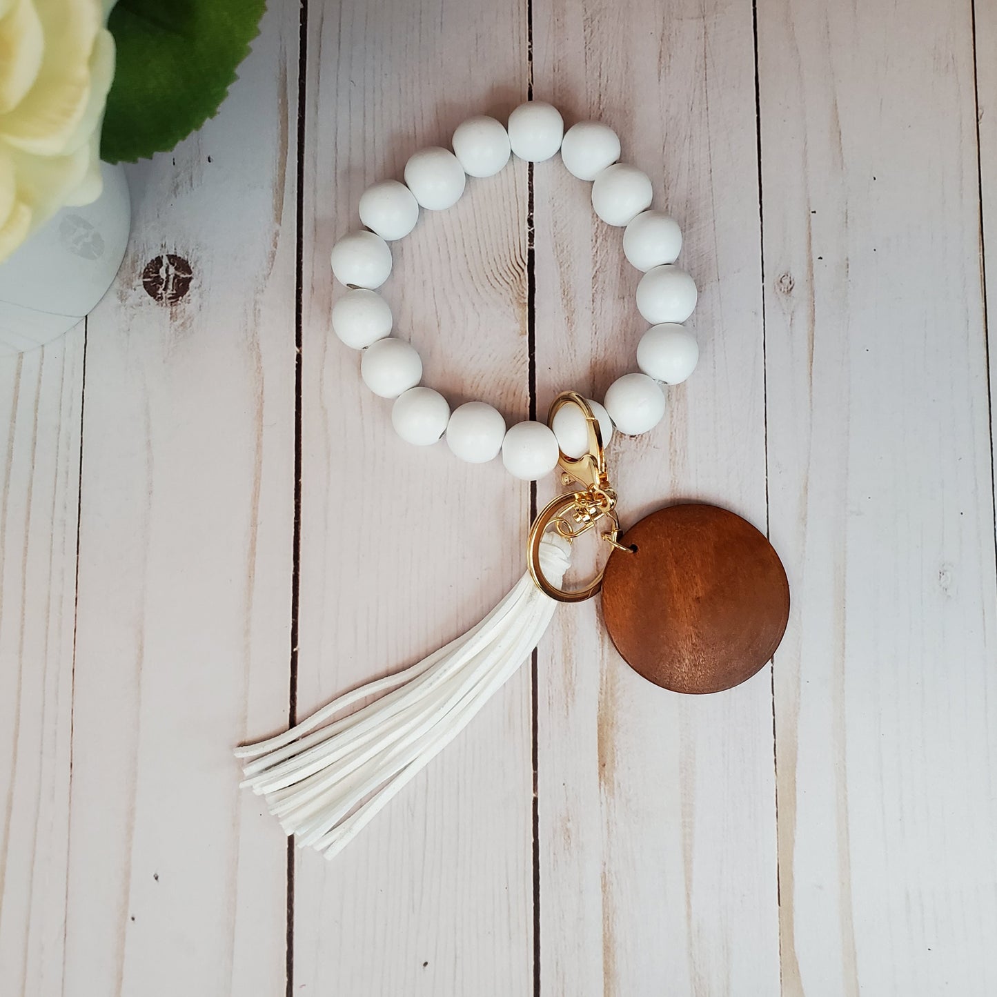 Pure Color wood bead keychain bracelets with 2" wood disc and tassel