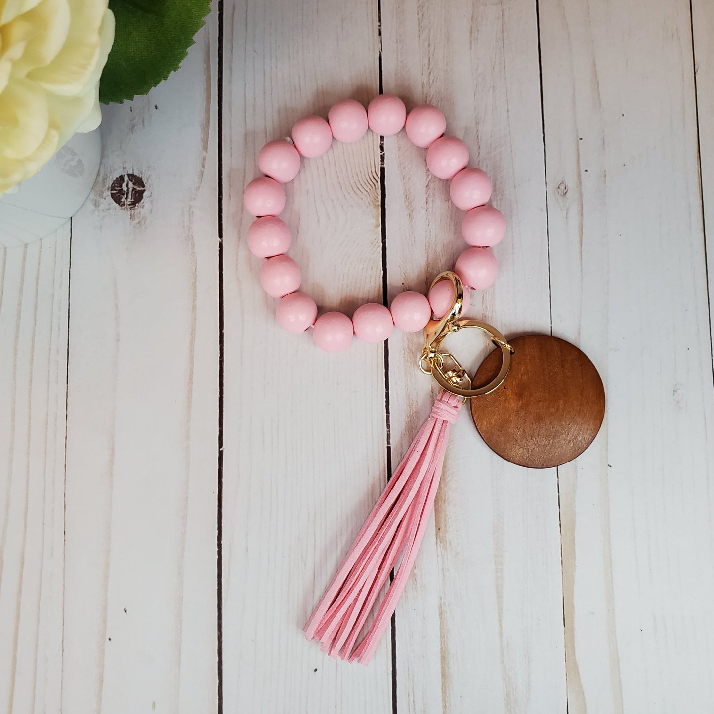 Pure Color wood bead keychain bracelets with 2" wood disc and tassel