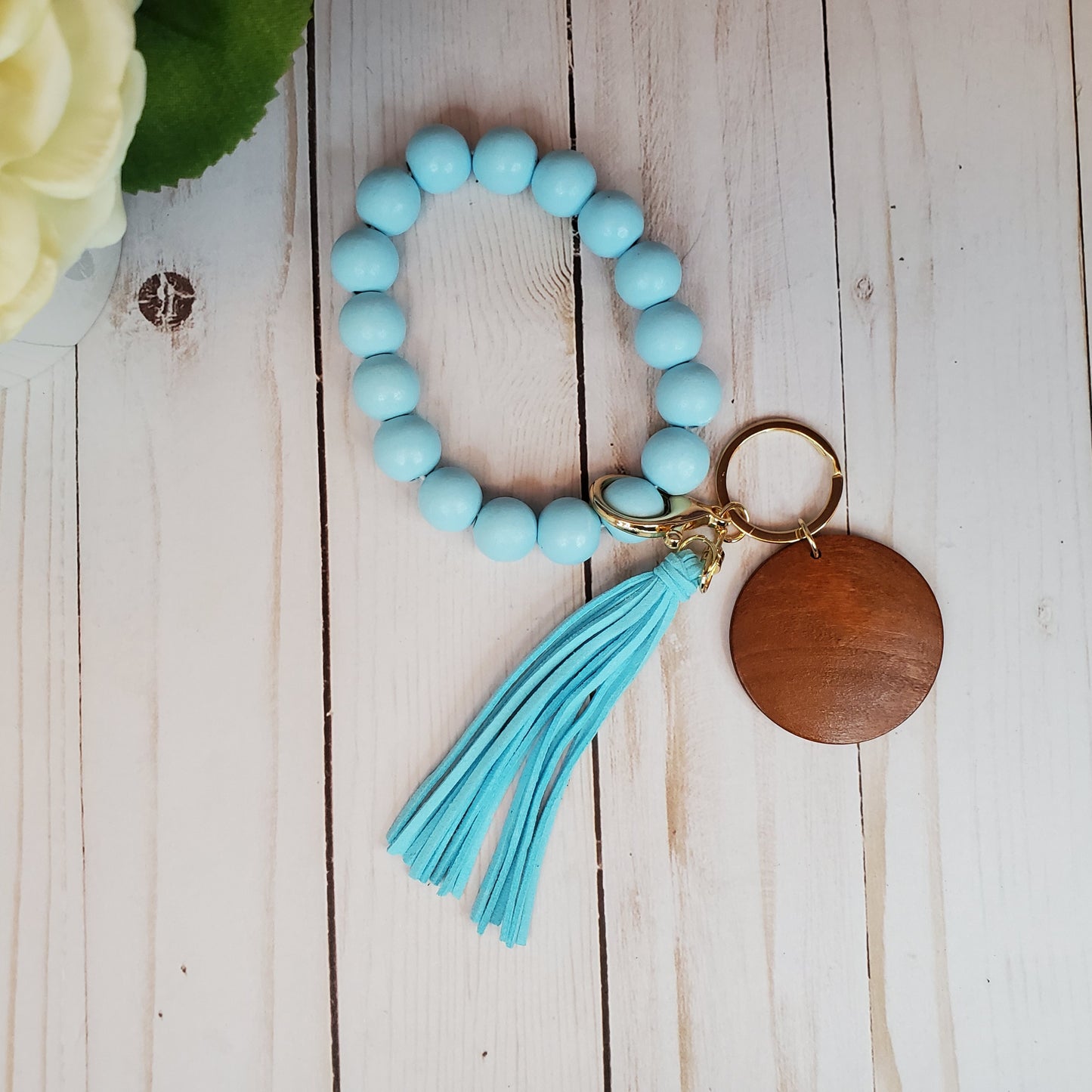 Pure Color wood bead keychain bracelets with 2" wood disc and tassel
