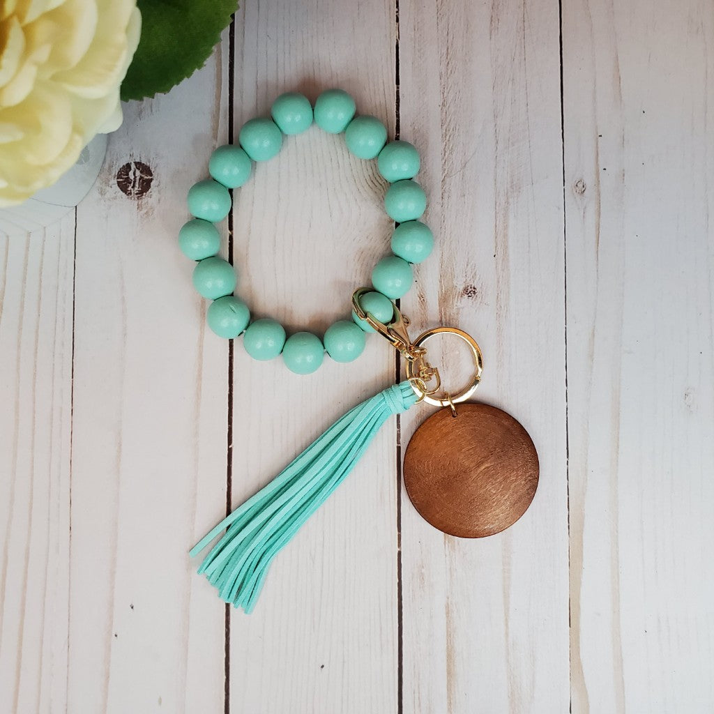 Pure Color wood bead keychain bracelets with 2" wood disc and tassel