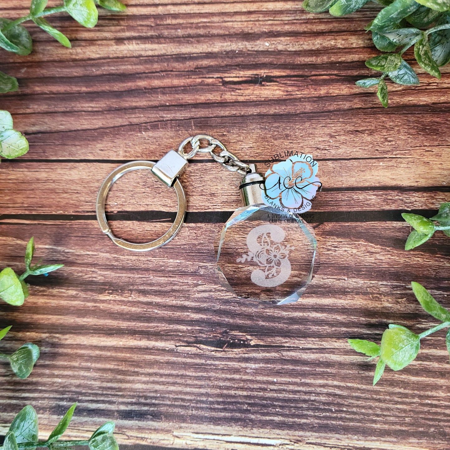 Glass crystal LED lighted keychain, glass engraving keychain blank, 7 color change LED glass crystal keychain RTS