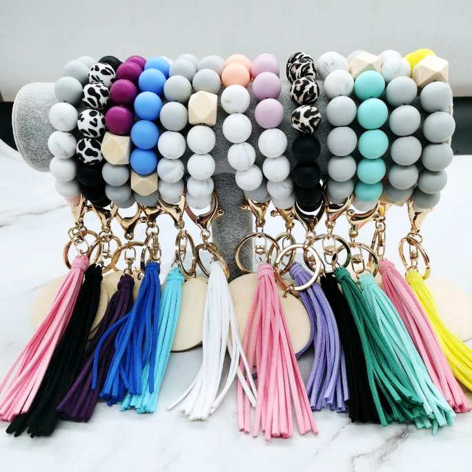 Silicone bead keychain bracelets with 2" light wood disc and tassel, engraving blanks