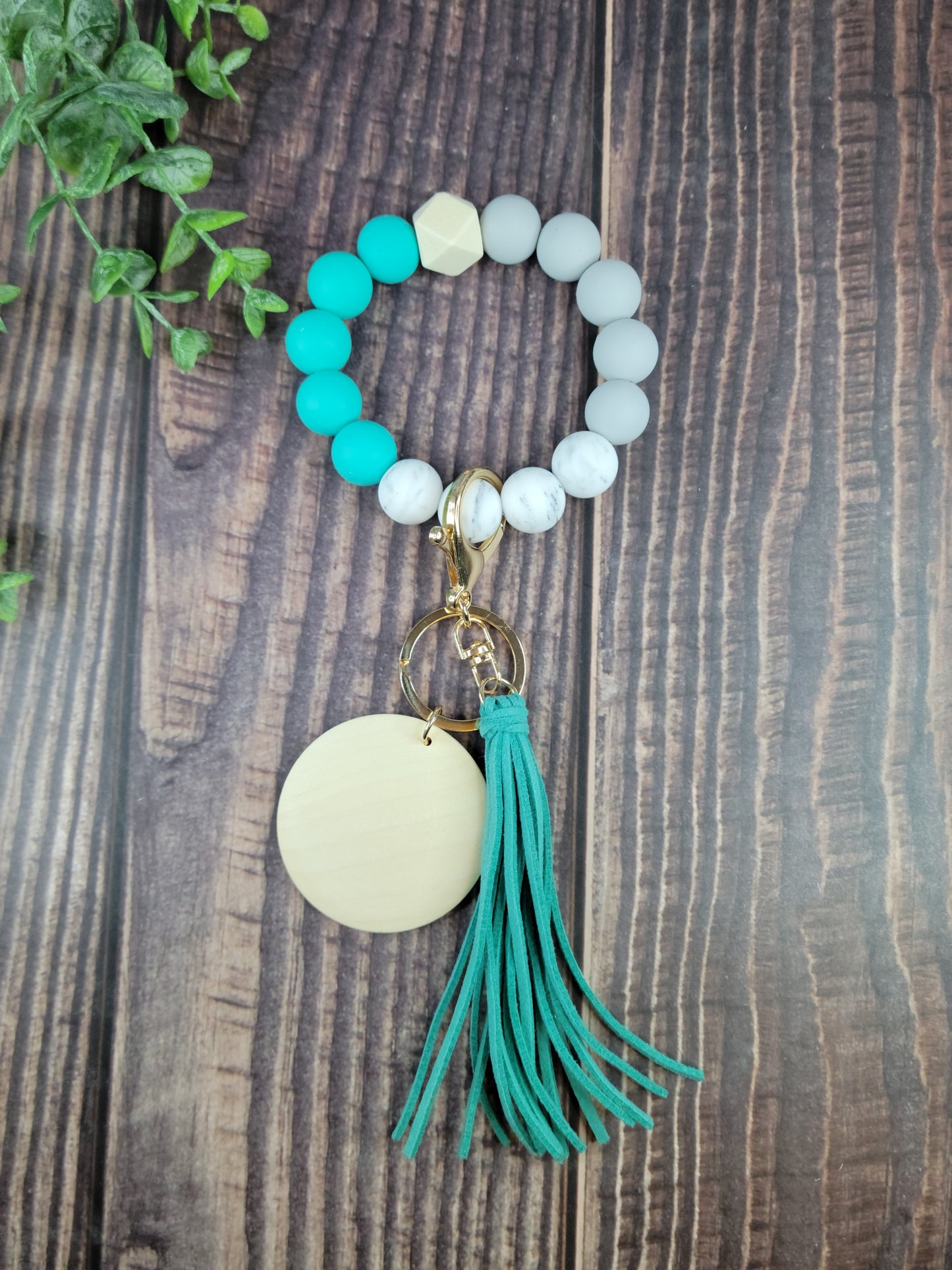 Silicone bead keychain bracelets with 2" light wood disc and tassel, engraving blanks