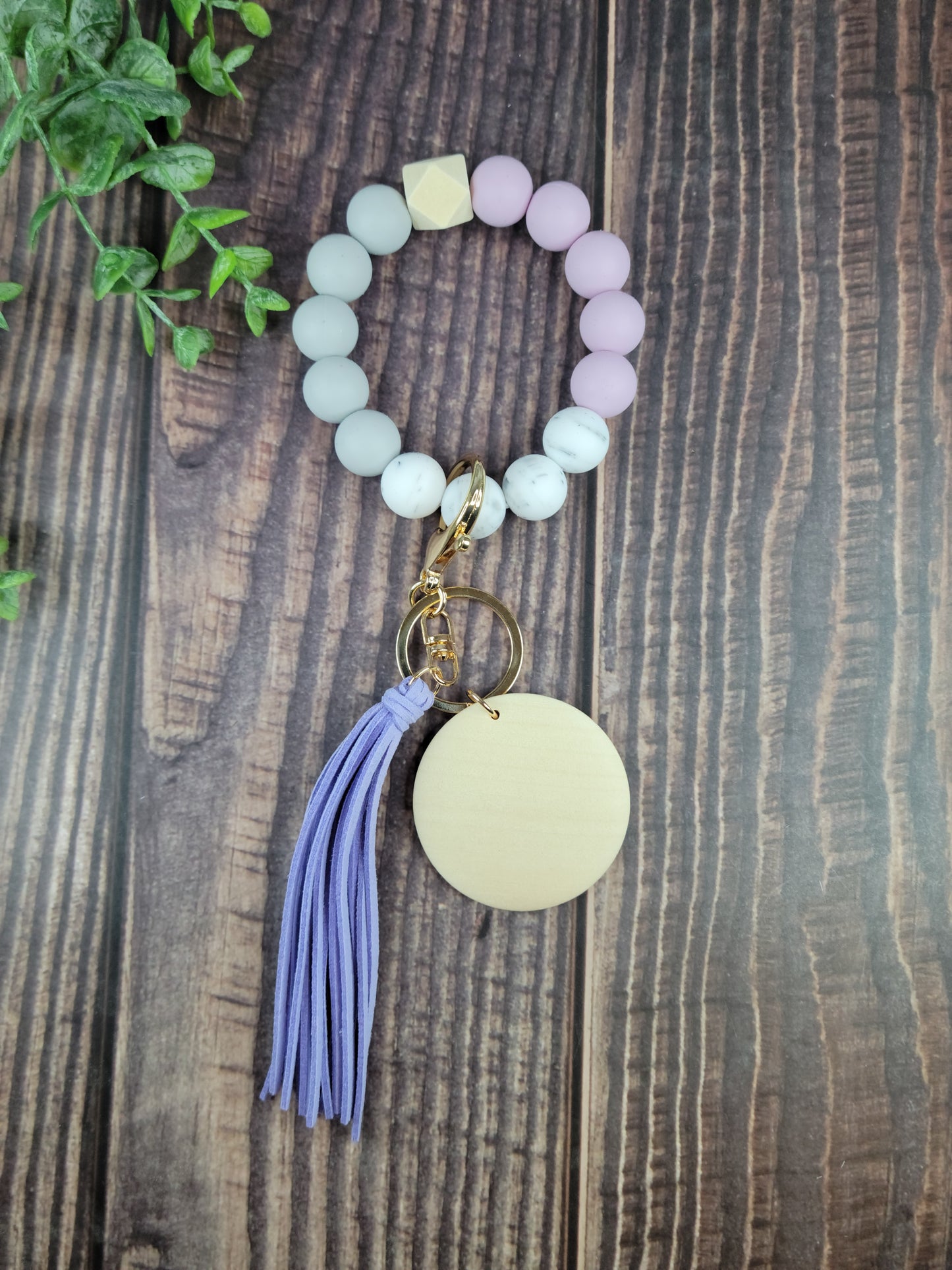 Silicone bead keychain bracelets with 2" light wood disc and tassel, engraving blanks