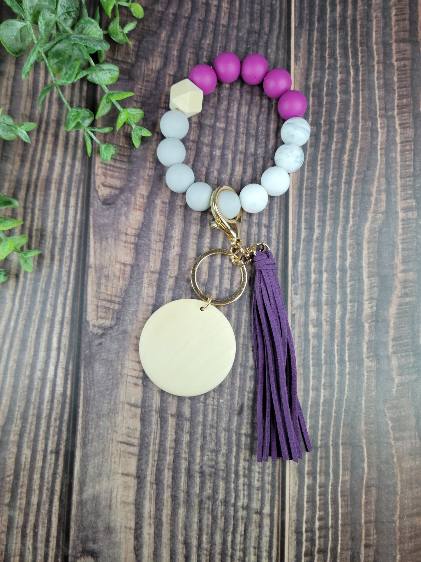 Silicone bead keychain bracelets with 2" light wood disc and tassel, engraving blanks