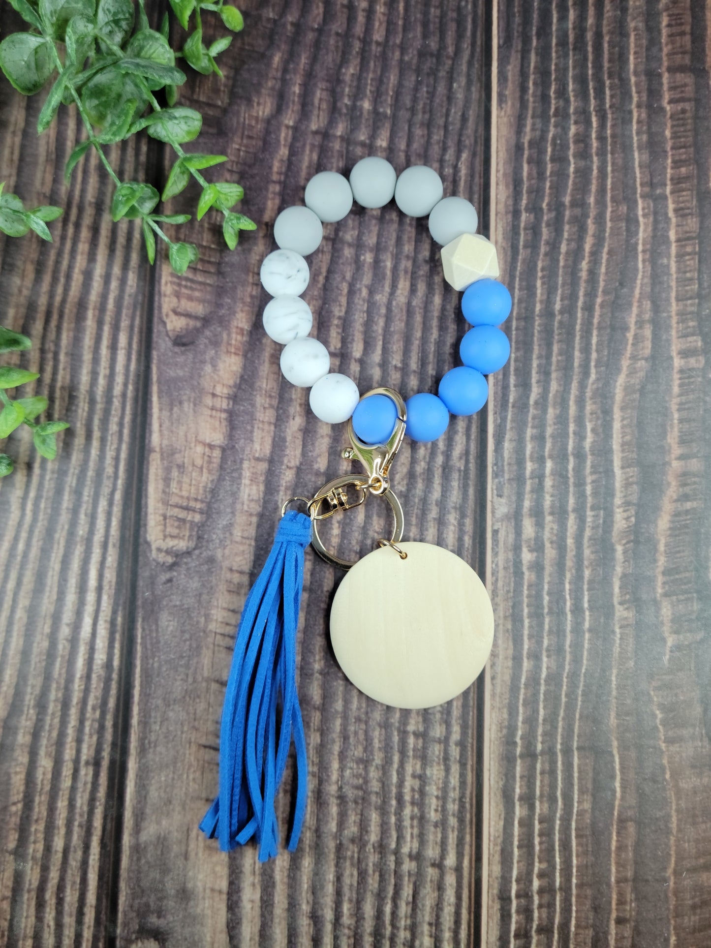 Silicone bead keychain bracelets with 2" light wood disc and tassel, engraving blanks