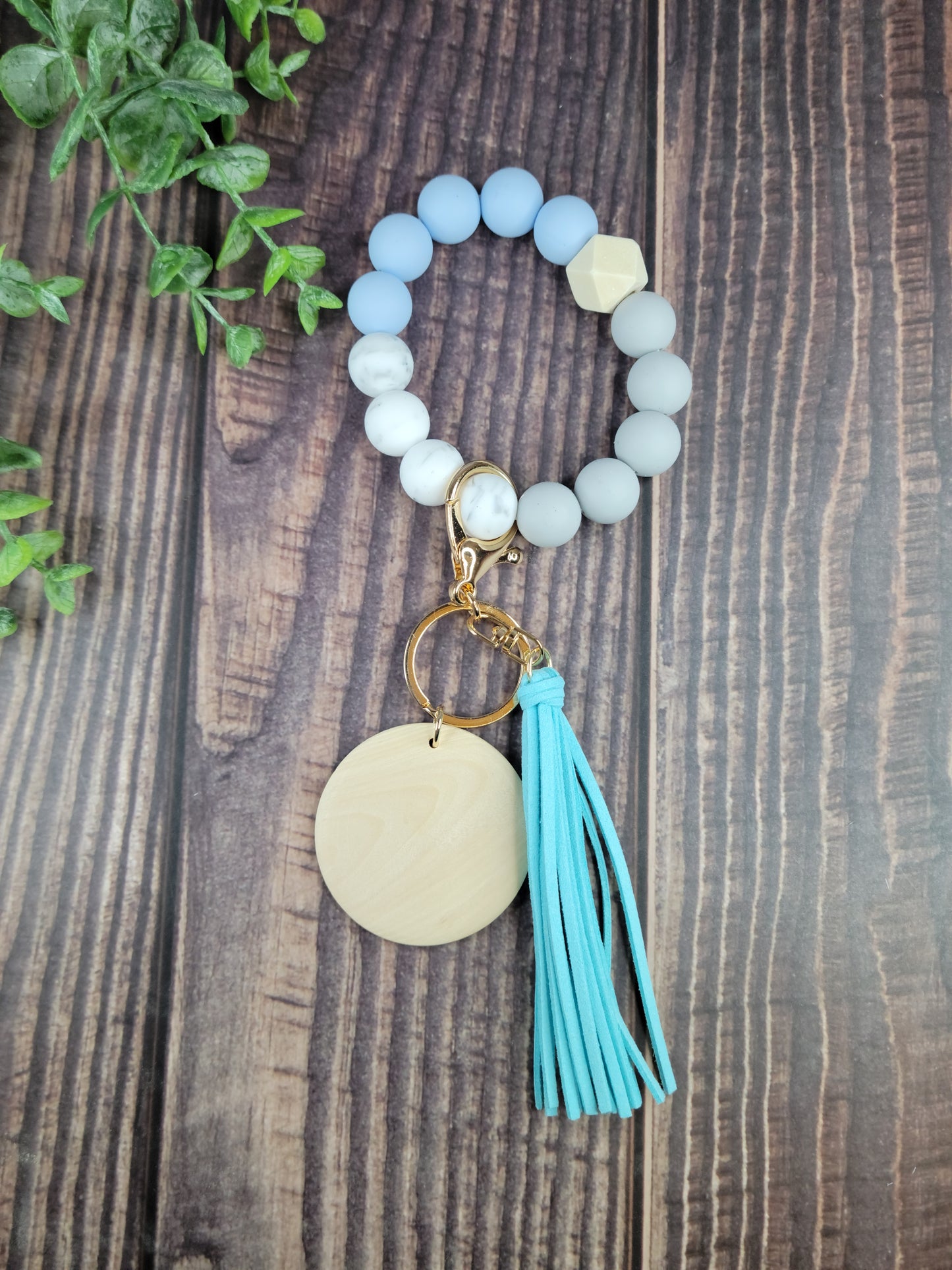 Silicone bead keychain bracelets with 2" light wood disc and tassel, engraving blanks