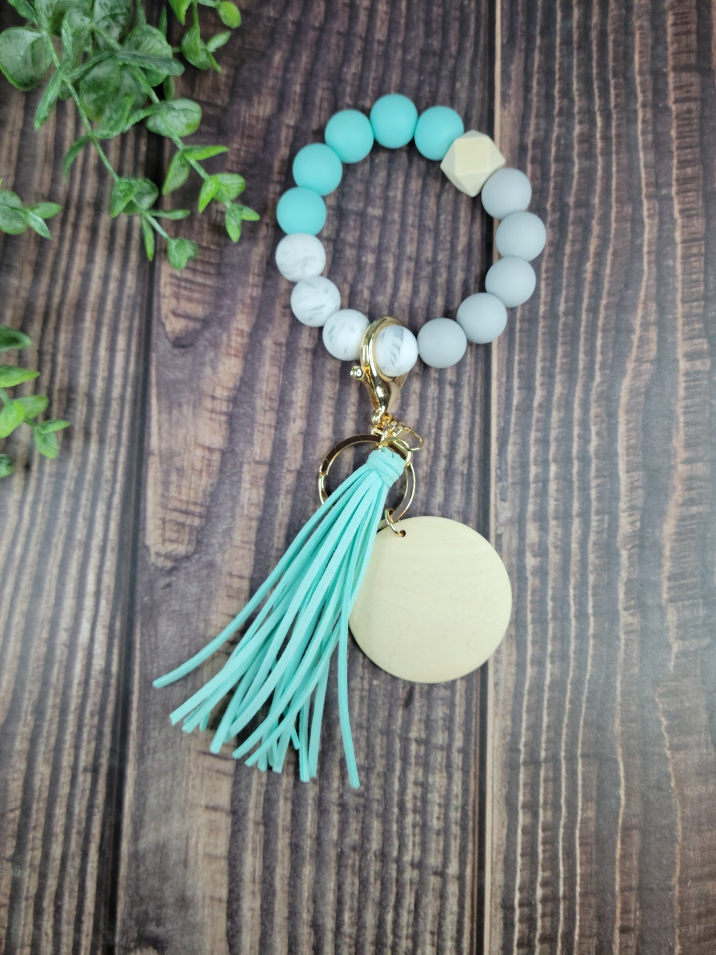 Silicone bead keychain bracelets with 2" light wood disc and tassel, engraving blanks