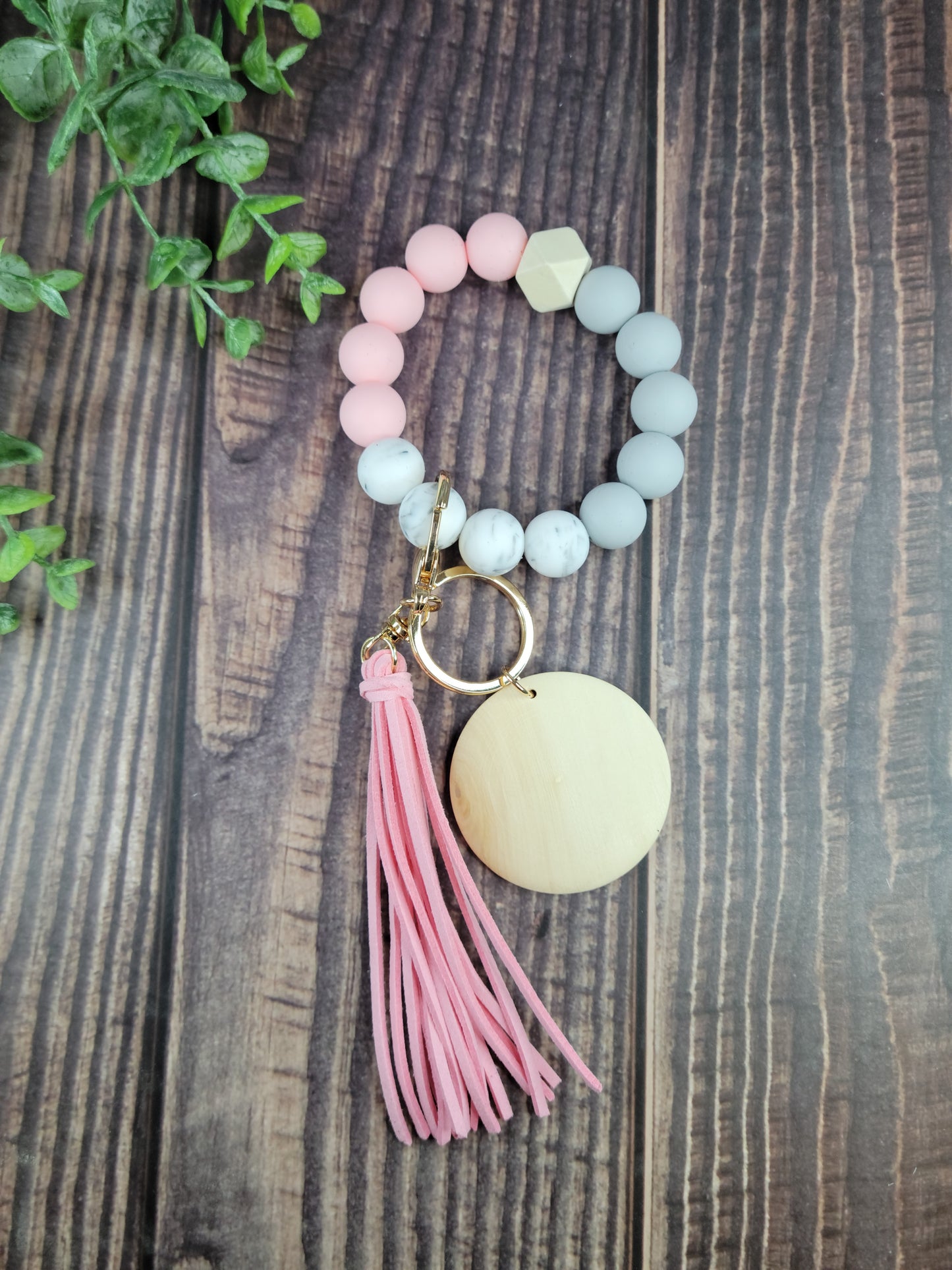 Silicone bead keychain bracelets with 2" light wood disc and tassel, engraving blanks