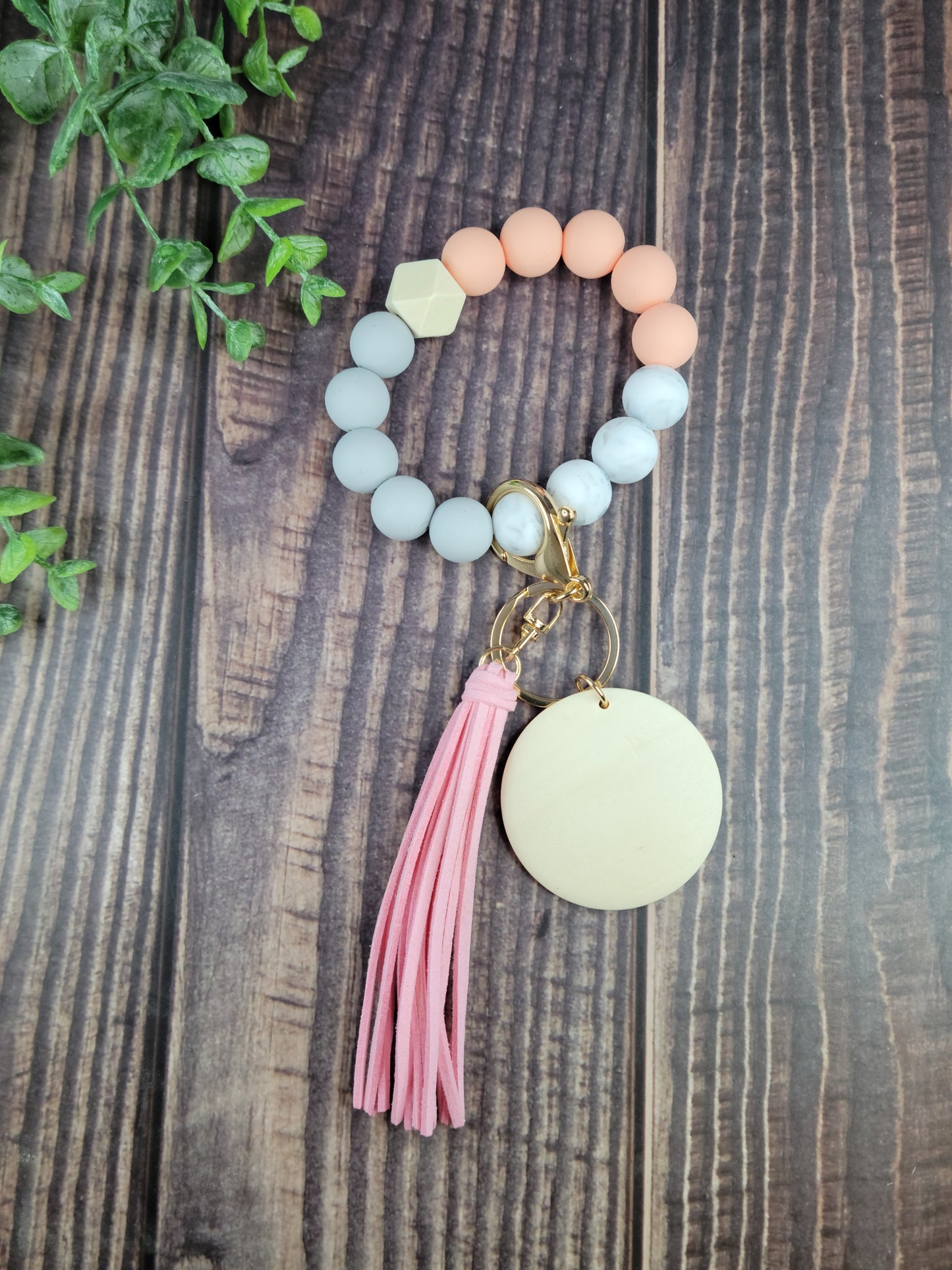 Silicone bead keychain bracelets with 2" light wood disc and tassel, engraving blanks