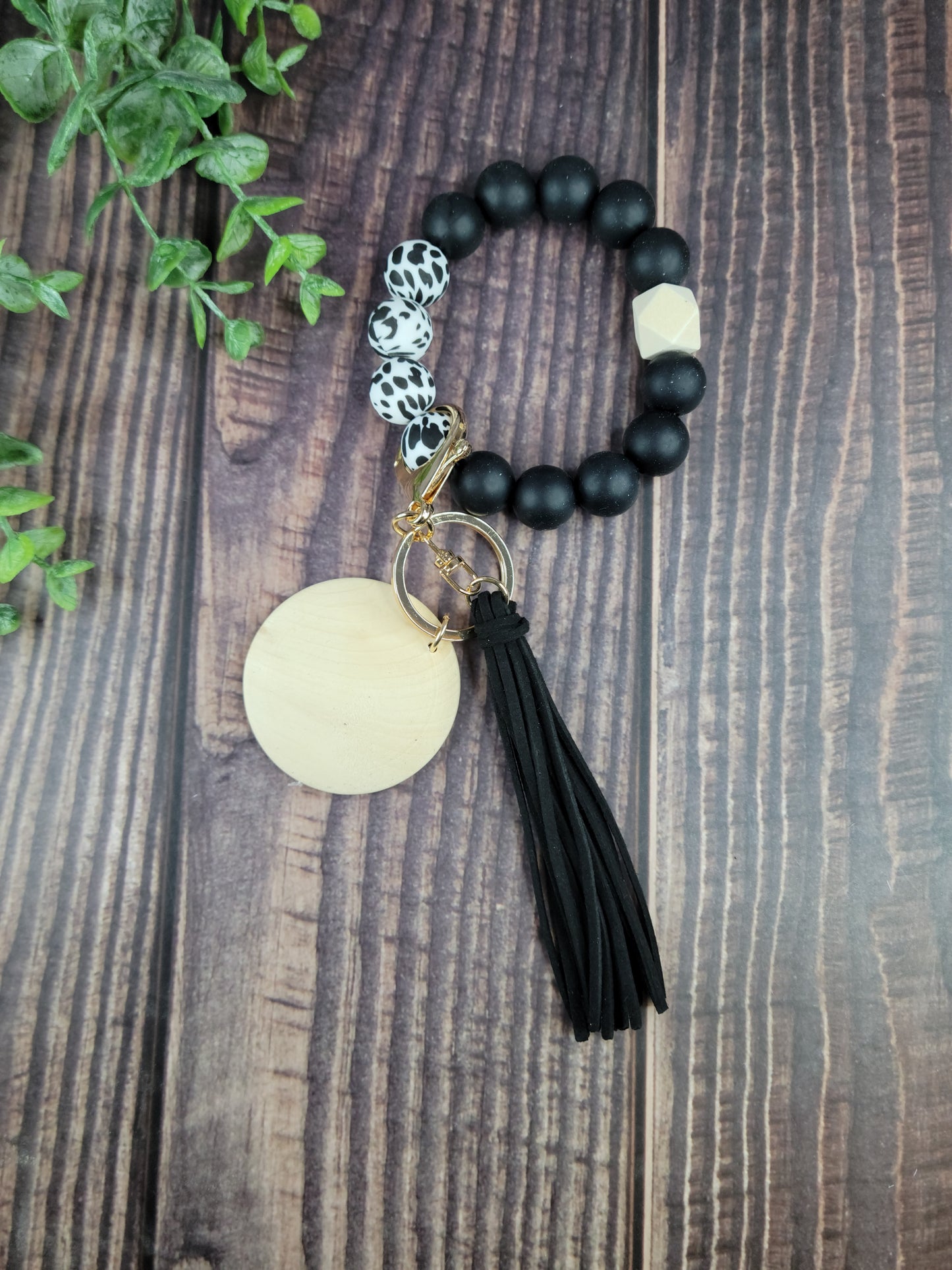 Silicone bead keychain bracelets with 2" light wood disc and tassel, engraving blanks