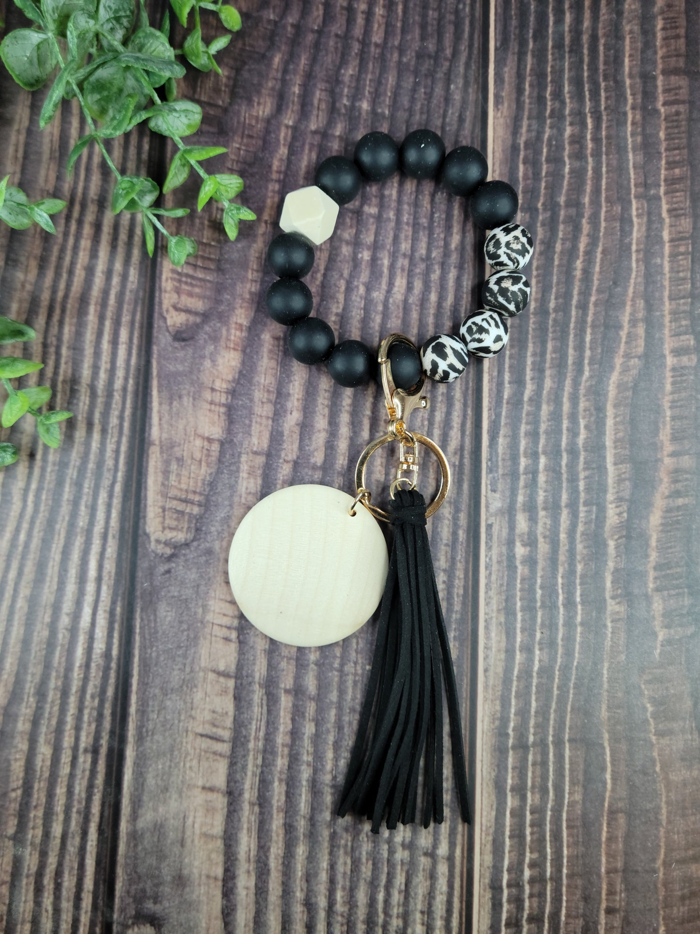 Silicone bead keychain bracelets with 2" light wood disc and tassel, engraving blanks