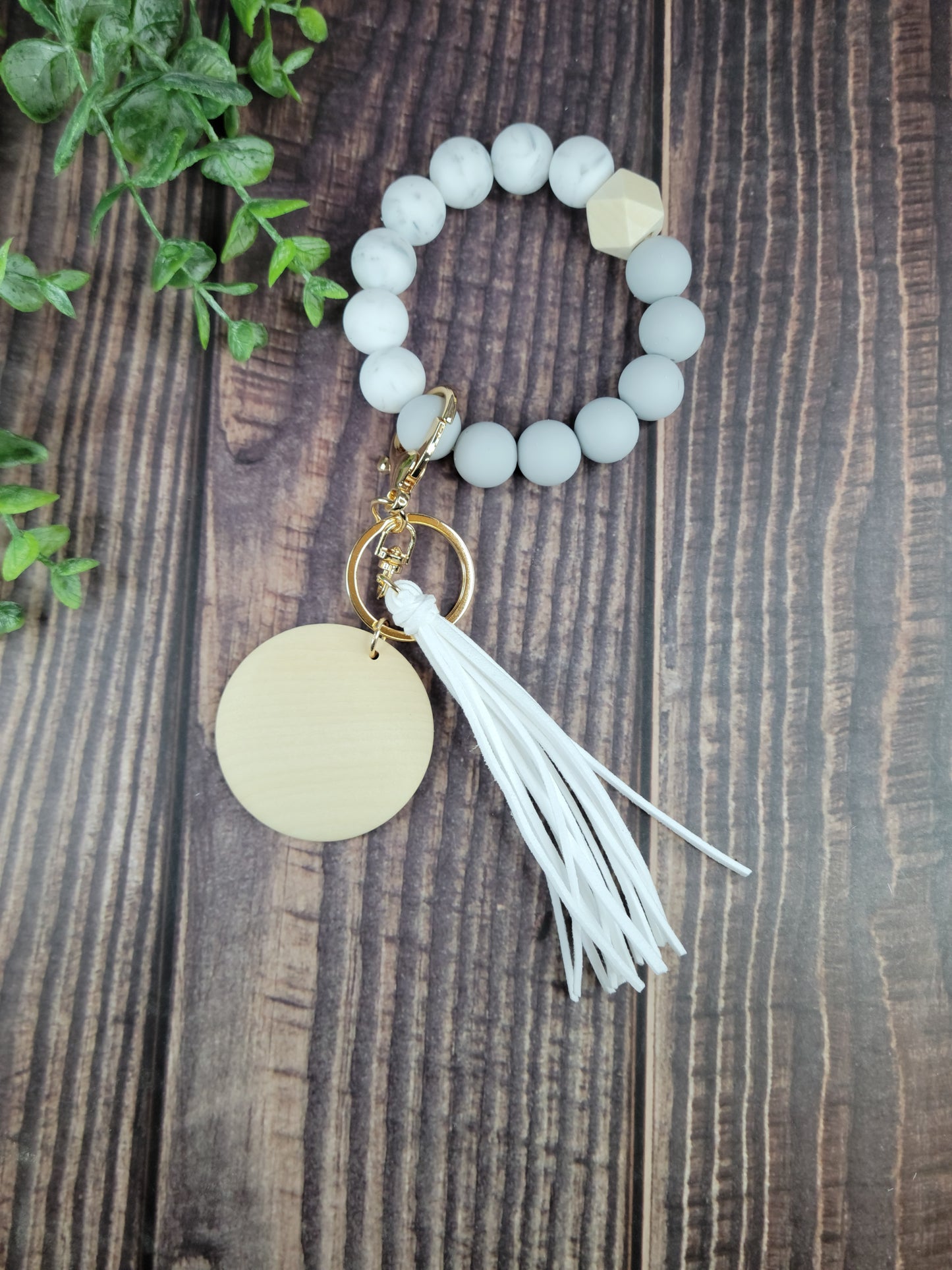 Silicone bead keychain bracelets with 2" light wood disc and tassel, engraving blanks