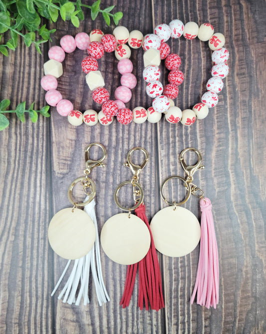 Wood Bead Keychain Bracelets - Valentine's Day Collection